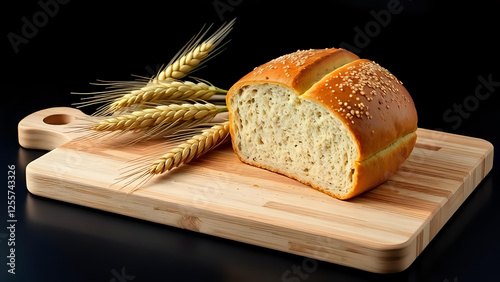 Pane e spighe su tavola di legno photo