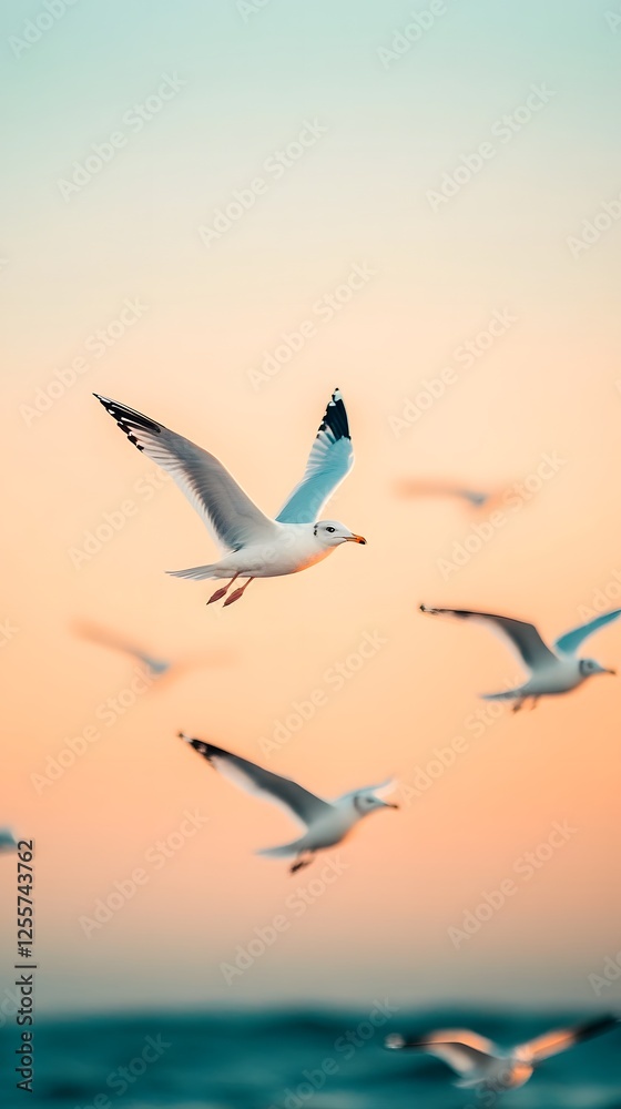 Obraz premium Flock of Seagulls Soaring Gracefully Over Serene Coastal Beach at Twilight Creating a Mesmerizing Display of Nature s Beauty and Freedom