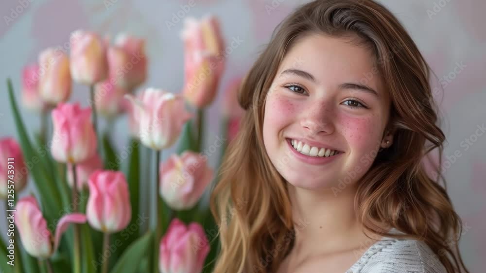 This Young woman with long hair smiles cheerfully as she stands with fresh pink tulips nearby. This Young woman with long hair smiles cheerfully as she stands with fresh pink tulips nearby.