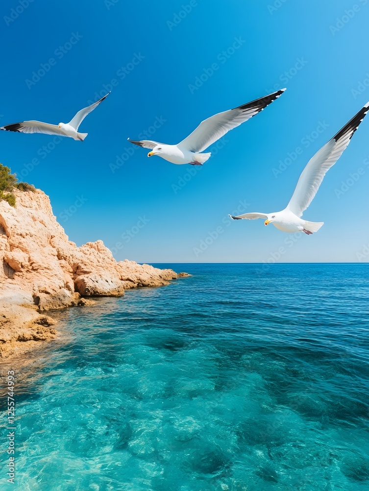 Flock of Seagulls Gracefully Circling and Gliding Above a Serene Coastal Landscape with Rugged Cliffs and Pristine Turquoise Ocean Waters Flock of Seagulls Gracefully Circling and Gliding Above a Serene Coastal Landscape with Rugged Cliffs and Pristine Turquoise Ocean Waters