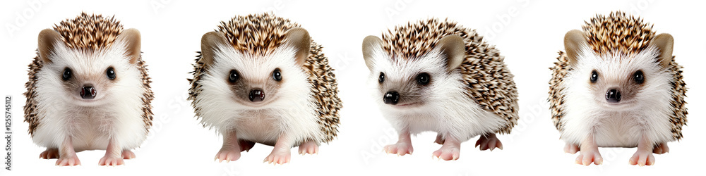 Obraz premium hedgehog clipart concept. Four cute hedgehogs with distinctive spines, facing forward against a white background. on Transparent background.