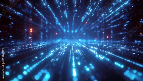 Futuristic Abstract Background with Light Beams and Particles Depicting Fast Movement Through a Digital Space with Blue Glowing Lights