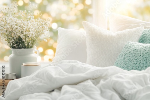 A guest waking up in a sunlit homestay bedroom with crisp white linens and a window view of nature photo