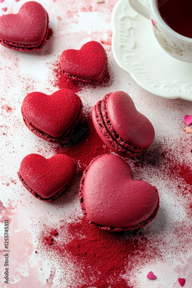 Obraz premium Romantic Heart-Shaped Macarons Surrounded by Pink Powder and a Cup of Tea in a Delightful Dessert Arrangement for Special Occasions