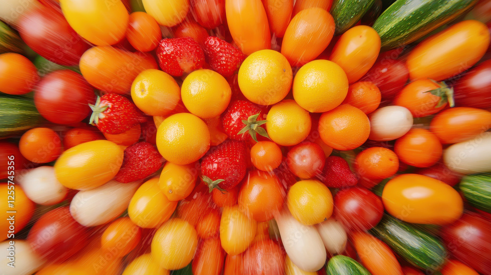 Fresh fruits and vegetables in vibrant colors create dynamic blur effect Fresh fruits and vegetables in vibrant colors create dynamic blur effect