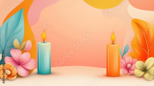 Ubon Ratchathani Candle Festival style wallpaper, deep orange background with gold candle decoration and large blank space in the center for text, candle sculptures patterns such a photo