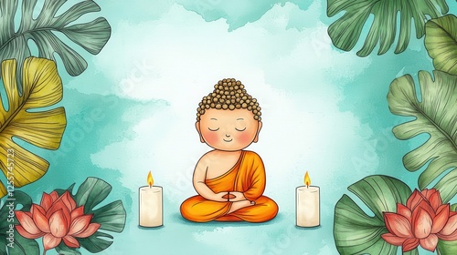 Visakha Bucha style wallpaper, light blue background with white candle decoration and large blank space in the center for text, Buddha images patterns such as Bodhi leaves on both photo