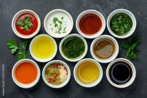 Wallpaper Mural Large collection of sauces and spiced spreads in small jars. Big Set of colored dipping sauces in Crockery. Different types of dressing, mayonnaise, mustard, soy sauce, oil and ketchup on a black. Torontodigital.ca