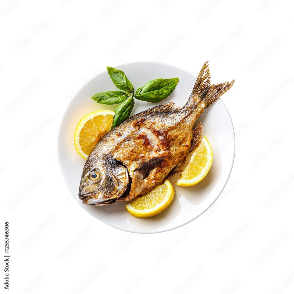 Grilled Fish with Lemon Slices and Fresh Basil on White Plate Grilled Fish with Lemon Slices and Fresh Basil on White Plate