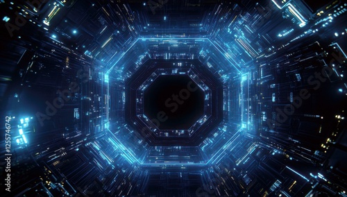 Futuristic Abstract Background with Bright Blue Lights and Technology Concepts in a Hexagonal Shape for Digital Designs