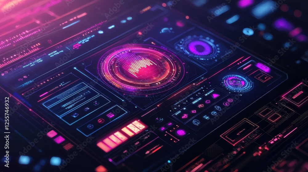 Closeup view of futuristic digital interface, vibrant neon colors, glowing elements, and interactive displays. Complex, data rich interface with various shapes and data representations. Closeup view of futuristic digital interface, vibrant neon colors, glowing elements, and interactive displays. Complex, data rich interface with various shapes and data representations.