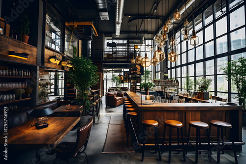 Industrial Chic Bar Interior Design Stylish Lounge with Wooden Bar Pendant Lights and Greenery