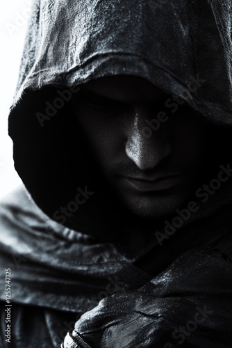 A man dressed in a hooded cloak holds a knife, ready for action