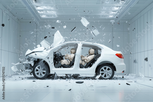Automobile crash test with crash test dummies.