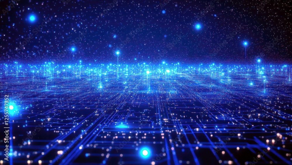 Fototapeta premium Futuristic Digital Landscape with Glowing Blue Lights and Grid Pattern Under a Starry Night Sky, Representing Technology and Innovation