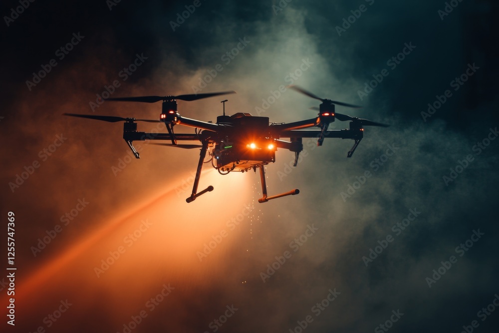 Flying drone in the night sky with glowing red lights Flying drone in the night sky with glowing red lights