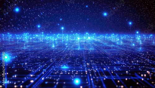 Futuristic Digital Landscape with Glowing Blue Lights and Grid Pattern Under a Starry Night Sky, Representing Technology and Innovation