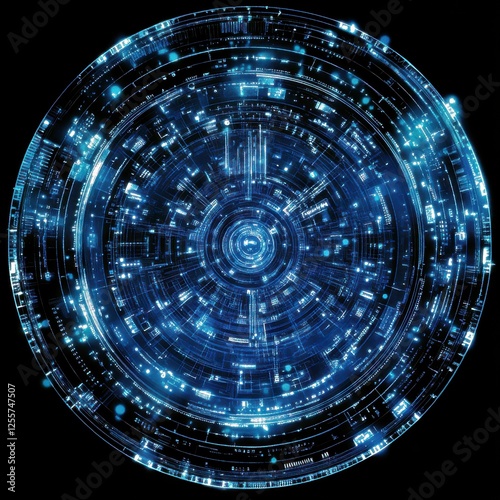 Futuristic Circular Digital Interface with Glowing Elements and Technology Patterns for Science and Innovation Applications