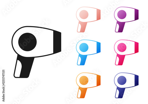 Black Hair dryer icon isolated on white background. Hairdryer sign. Hair drying symbol. Blowing hot air. Set icons colorful. Vector