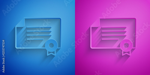 Paper cut Certificate template icon isolated on blue and purple background. Achievement, award, degree, grant, diploma concepts. Paper art style. Vector