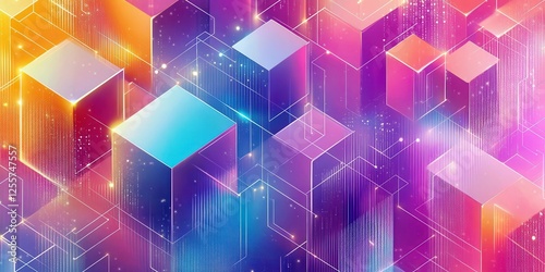 Colorful Abstract Background with 3D Cubes and Geometric Shapes Creating a Vibrant Digital Atmosphere with Bright Lights and Light Reflections