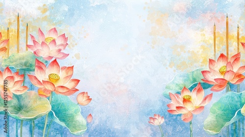 Makha Bucha style wallpaper, soft lavender background with golden lotus decoration and large blank space in the center for text, Buddha patterns such as temple spires on both sides