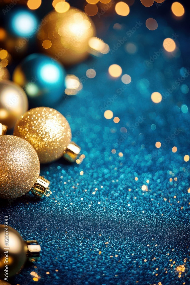 Fototapeta premium Festive Christmas Ornaments with Shiny Surface Against Glittering Blue Background for Holiday Celebrations and Seasonal Decorations