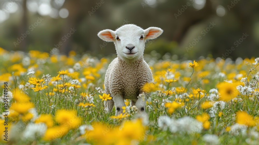Obraz premium Cute lamb exploring a vibrant flower meadow during springtime in a rural landscape