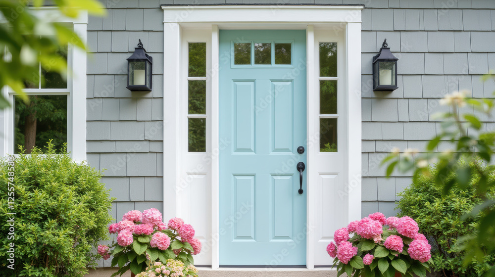 Fototapeta premium charming blue front door surrounded by pink hydrangeas and greenery. inviting entrance enhances home curb appeal
