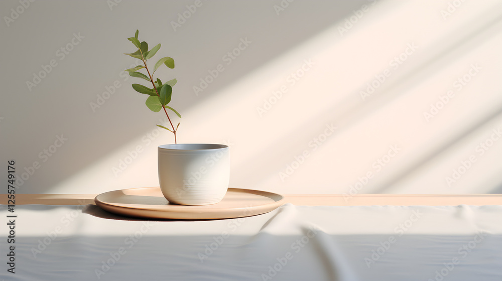 Serene Minimalist Still Life Small Plant in White Cup on Wooden Tray Serene Minimalist Still Life Small Plant in White Cup on Wooden Tray