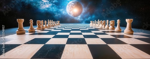 Chessboard extending infinitely into space, representing strategy, foresight, and universal challenges