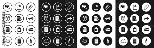 Set Paper clip, Document with minus, Alarm clock dollar symbol, Search concept folder, Megaphone, Table lamp, Office stapler and File document icon. Vector