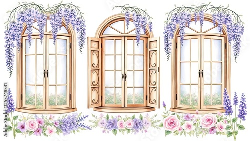Charming Wooden Windows with Wisteria Flowers