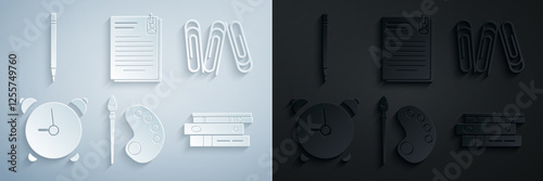 Set Paint brush with palette, Paper clip, Alarm clock, Office folders papers and documents, File and Pencil eraser icon. Vector