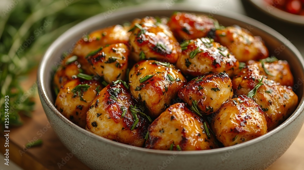 Delicious Glazed Chicken Bites with Herbs: A Close-Up Shot of Savory and Appetizing Small Pieces Served in a Bowl, Perfect for Dinner Delicious Glazed Chicken Bites with Herbs: A Close-Up Shot of Savory and Appetizing Small Pieces Served in a Bowl, Perfect for Dinner