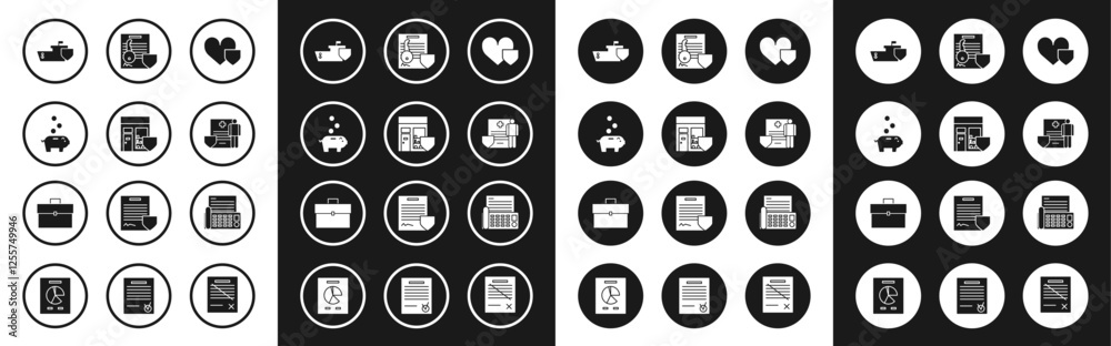 Set Heart with shield, Shopping building, Piggy bank coin, Ship, Medical clipboard clinical record, Document key, Fax machine and Briefcase icon. Vector Set Heart with shield, Shopping building, Piggy bank coin, Ship, Medical clipboard clinical record, Document key, Fax machine and Briefcase icon. Vector