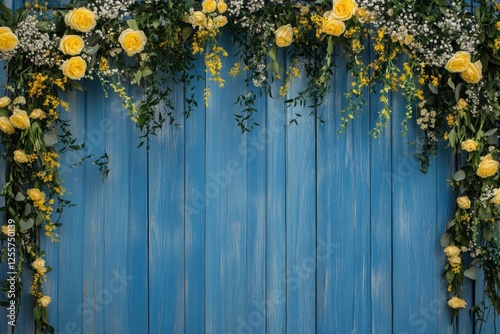 Fototapeta Naklejka Na Ścianę i Meble -  Yellow roses and greenery garland on blue wood backdrop.