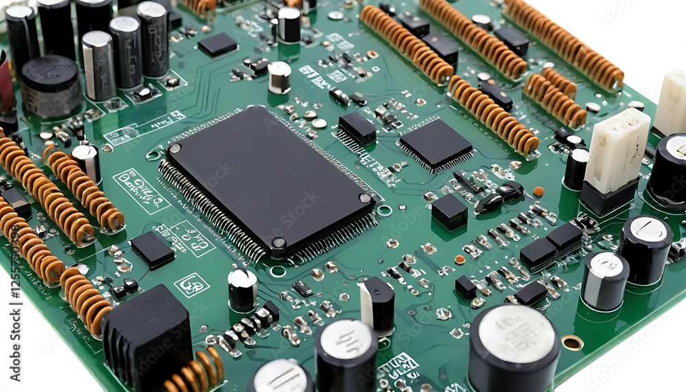 Close-up of an electronic circuit board with various components png Close-up of an electronic circuit board with various components png