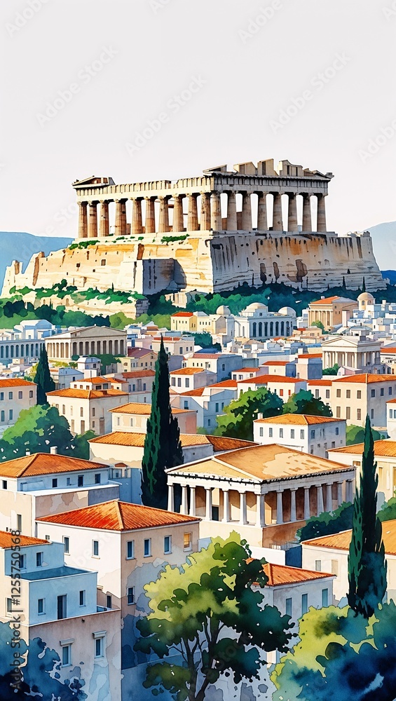 Obraz premium Athens with the Parthenon Overlooking the City watercolor in Ancient Meets Modern Cityscape on plain white background