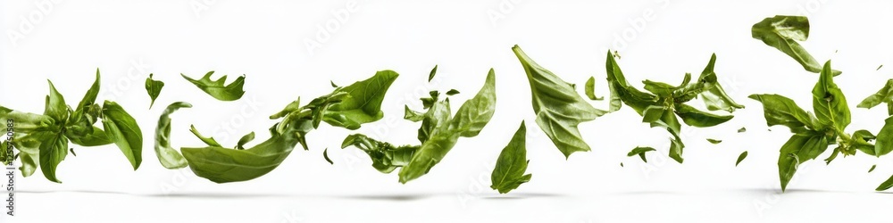 A group of green leaves blowing in the air, suspended by wind A group of green leaves blowing in the air, suspended by wind