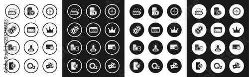 Set Casino roulette wheel, Online slot machine with lucky sevens jackpot, chip dollar, Slot, Crown, Credit card and chips and stacks money cash icon. Vector