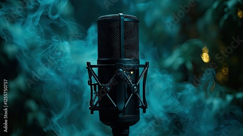 Dark Microphone In Smoky Green Background photo