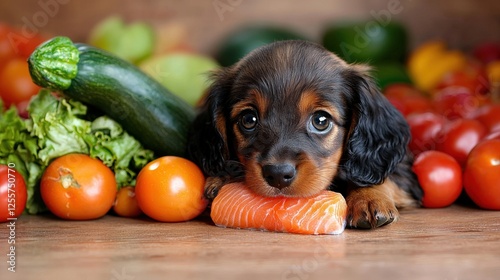 Playful Puppy with Fresh Vegetables and Salmon on Wooden Table photo