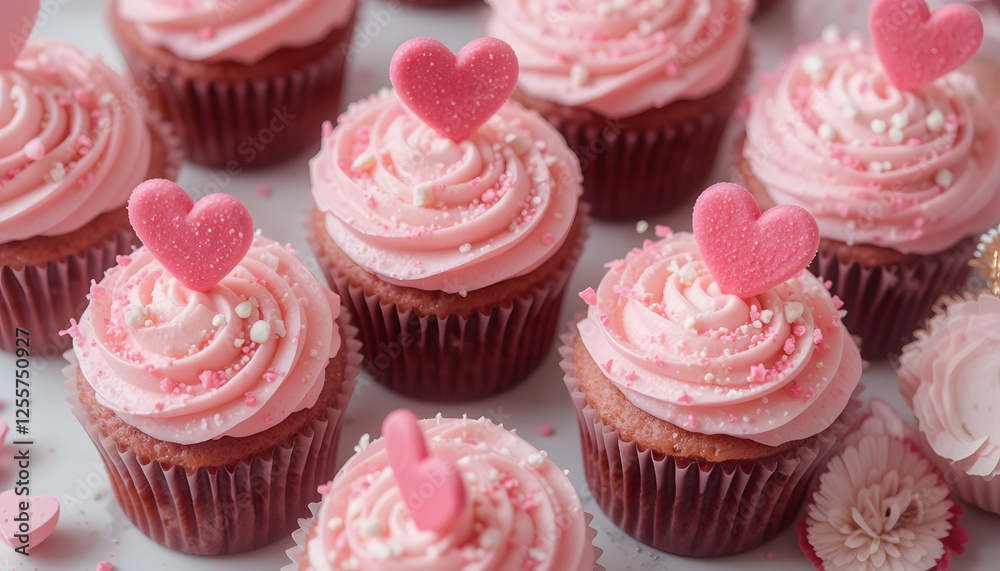 Pink cupcakes with sprinkles and heart candies Pink cupcakes with sprinkles and heart candies