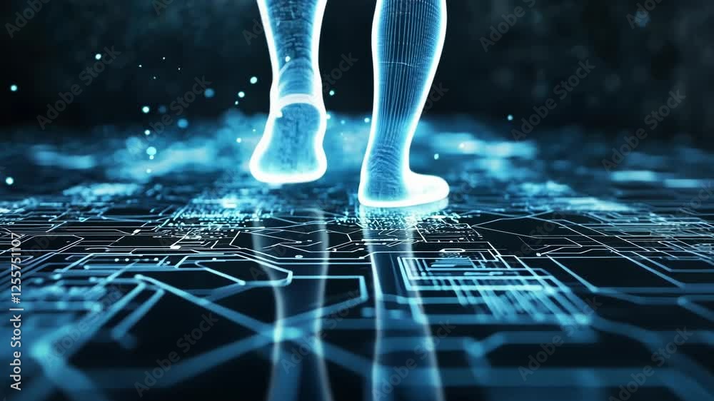 Futuristic concept of digital footprint walking on circuit board, leaving a glowing trail of data and information, symbolizing the impact of technology on modern society