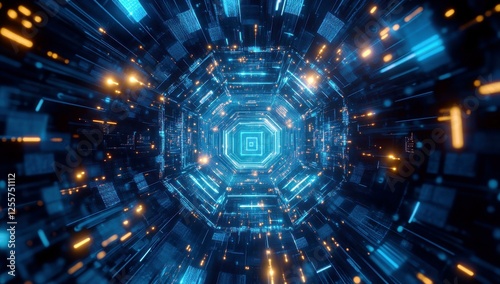 Futuristic abstract tunnel with luminous particles and glowing lines creating a vibrant digital atmosphere for technology and innovation concepts