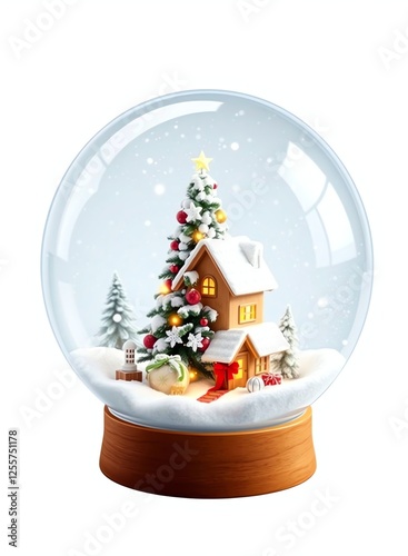 an image of a snow globe with a house and christmas tree inside, there is a snow globe with a house and christmas tree inside photo