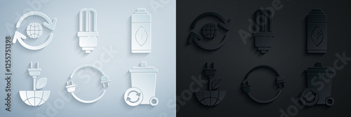 Set Electric plug, Recycling plastic bottle, saving leaf, Recycle bin with recycle symbol, LED light bulb and Planet earth and recycling icon. Vector