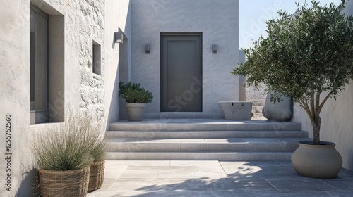 Contemporary image capturing modern Greek home entrance, gray front door with small square decorative windows.