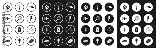 Set Meat, Steak meat in frying pan, Chicken leg, Fire flame, chopper, Spatula, Fresh frozen steak and Grilled shish kebab on skewer stick icon. Vector